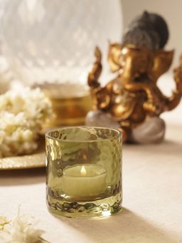 Pure Home + Living - Green Textured Glass Tea Light Candle Holders (Pack of 2)