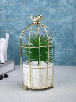 Tayhaa - White Faux Plant Ceramic Pot with Attractive Bird Cage