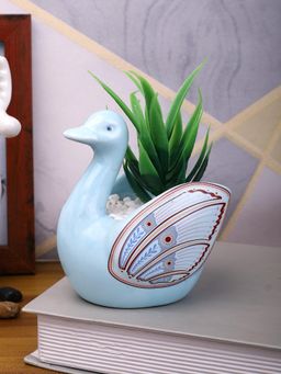 Tayhaa - Fern Plant Inside An Artistic Blue Swan Ceramic Pot