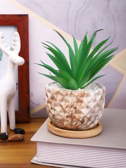 Tayhaa - White Artificial Fern Plant Patterned Ceramic Pot with Wooden Plate