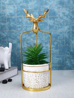 Tayhaa - White Highly Attractive Reindeer Cage Faux Plant with Ceramic Pot