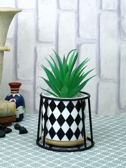 Tayhaa - Black Highly Attractive Faux Plant with Checkered Patterned Ceramic Pot Stand