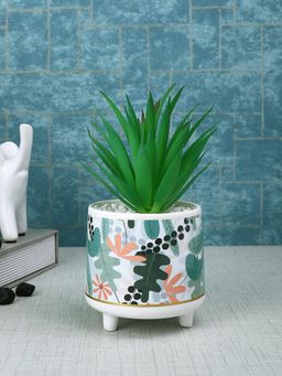Tayhaa - White Attractive Aloe Vera Plant with Leafy Print Ceramic Pot