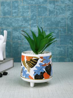 Tayhaa - White Attractive Aloe Vera Plant with Leafy Print Ceramic Pot