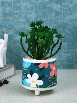 Tayhaa - Blue Attractive Succulent Plant with Flowers Print Ceramic Pot