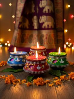 ExclusiveLane - Multi-Color Utsav Deep Terracotta Decorative Diyas (Pack of 4)