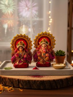 ExclusiveLane - Multi-Color Adhyatmik Lakshmi-Ganesha Terracotta Decorative Lord Murti