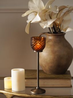 Pure Home + Living - Brown Diamond Texture Hurricane Candle Holder