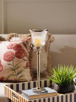 Pure Home + Living - Silver Glass Ribbed Hurricane Candle Holder