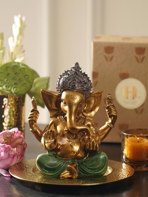 Pure Home + Living Dark Green Antique Gold Polyresin Sitting Ganesha