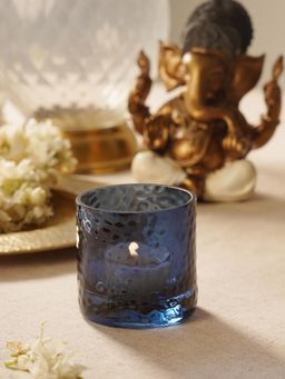 Pure Home + Living - Blue Textured Glass Tea Light Candle Holders (Pack of 2)