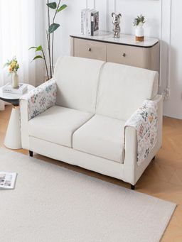 House of Quirk - Cream Mat Leaf Pattern Chenille Fabric Seater Sofa Cover - Baghe Bahar (Pack of 2)