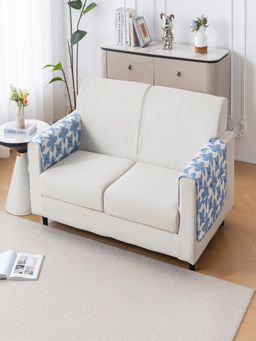 House of Quirk - White Mat Leaf Pattern Chenille Fabric Seater Sofa Cover - Indigo Motif (Pack of 2)