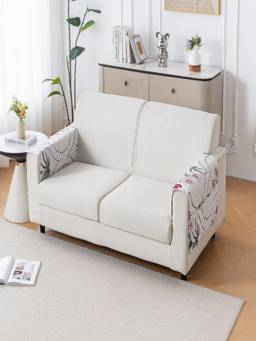 House of Quirk - Cream Mat Leaf Pattern Chenille Fabric Seater Sofa Cover - Mughal Buta (Pack of 2)