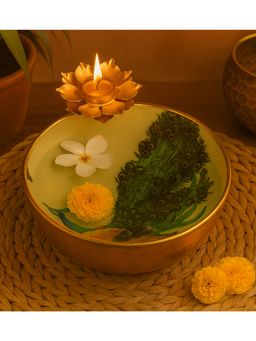 Amaya Decors - Gold Peacock Meena Urli Bowl with Flower Candle Holder