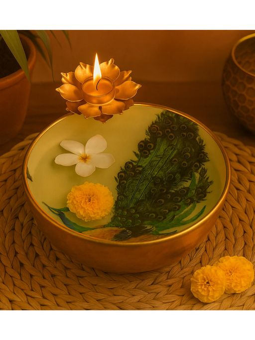Amaya Decors Gold Peacock Meena Urli Bowl with Flower Candle Holder