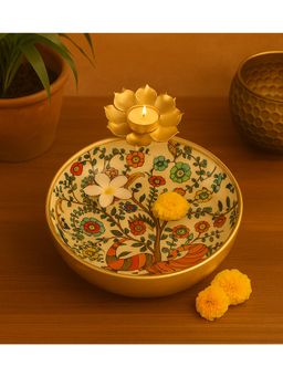 Amaya Decors - Gold Peacock Meena Urli Bowl with Flower Candle Holder