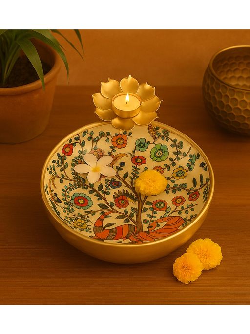 Amaya Decors Gold Peacock Meena Urli Bowl with Flower Candle Holder