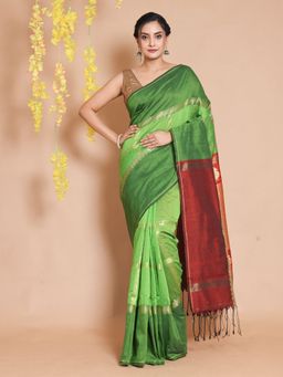 CHARUKRITI - Light Green Cotton Checkered Zari Design Handwoven Saree with Unstitched Blouse