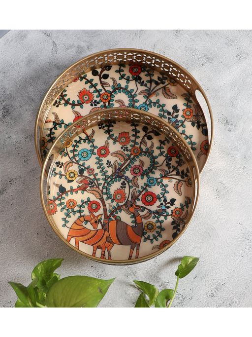 Amaya Decors White Peacock Pichwai Tray (Set of 2)