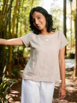 Creatures of Habit - Beige Linen Boat Neck Top- Ginger