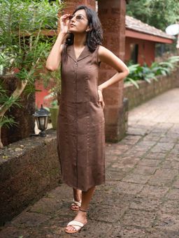 Creatures of Habit - Linen Notch Collar Dress- Tree Trunk Brown