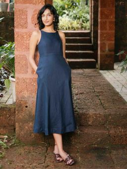 Creatures of Habit - Navy Blue Linen Cutaway Midi Dress