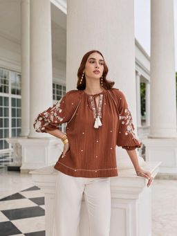 Style Island - Brown Hannah Embroidered Top