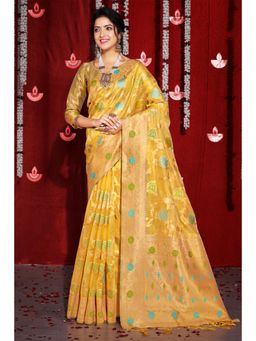 Sangam Prints - Sky Yellow Organza Woven Zari Work Traditional Tassel Saree with Unstitched Blouse