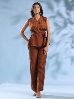 SAY - Brown Solid V-Neck Polyester Co-Ord Set for Women
