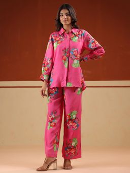 SAY - Pink Shirt Collar Velvet Co-ords Set for Women
