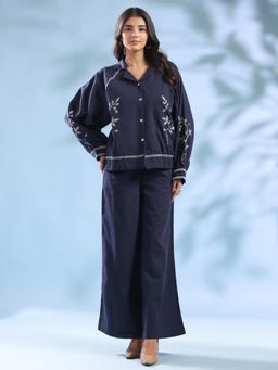 SAY - Navy Blue Embroidered Notched Lapel Pure Cotton Co-ord set for Women