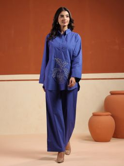 SAY - Blue Embroidered Shirt Collar Pure Cotton Co-ord set for Women