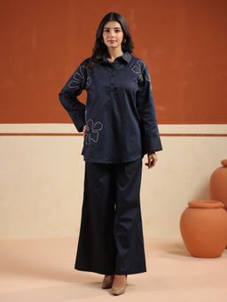 SAY - Navy Blue Embroidered Shirt Collar Cotton Blend Co-ord set for Women