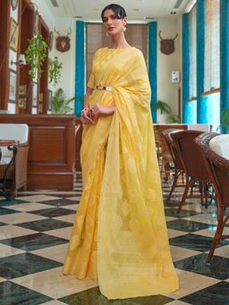 Akhilam - Womens Cotton Linen Yellow Woven Design Designer Saree with Unstitched Blouse