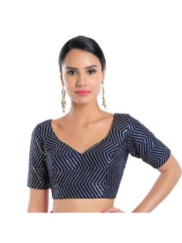 SALWAR STUDIO - Women Navy Blue Silk Readymade Saree Blouse