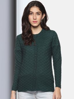 CLAPTON - Womens Wool Blend Green Full Sleeve Solid Self Design Round Neck Cardigan