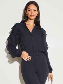 Lipsy - Ruffle Sleeve Grandad Neck Shirt