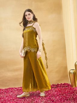 MOKOSH - Women Gold Silk Embroidered Kurta with Palazzo and Dupatta