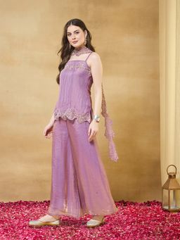 MOKOSH - Women Purple Silk Embroidered Kurta with Palazzo and Dupatta