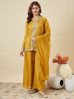 MOKOSH - Women Mustard Silk Embroidered Kurta with Palazzo and Dupatta