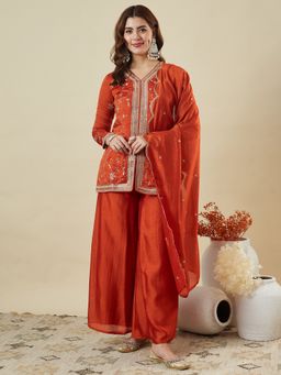 MOKOSH - Women Orange Silk Embroidered Kurta with Palazzo and Dupatta