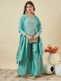 MOKOSH - Women Green Silk Embroidered Kurta with Palazzo and Dupatta
