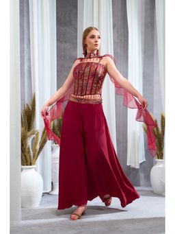 Rizabella - Women Red Crepe Embroidered Top with Sharara and Jacket