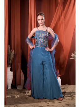 Rizabella - Women Blue Crepe Embroidered Top with Sharara and Jacket