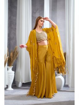 Rizabella - Women Mustard Tissue Embellished Crop Top with Palazzo and Cape
