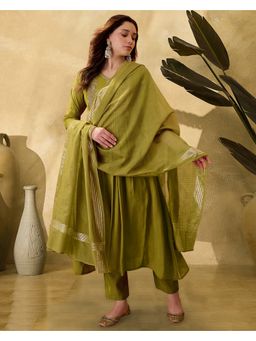 KVS FAB - Women Green Chanderi Embroidered Kurta with Pant and Dupatta