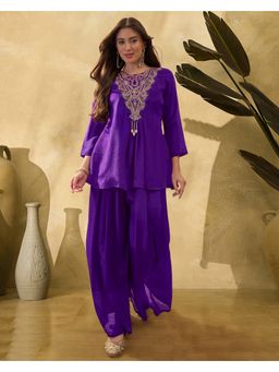 KVS FAB - Women Purple Silk Blend Embroidered Kurta with Palazzo