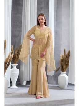 Rizabella - Women Beige Crepe Embroidered Top with Sharara and Jacket