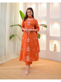 FAST FASHIONS - Women Orange Chanderi Silk Embroidered Kurta with Pant and Dupatta